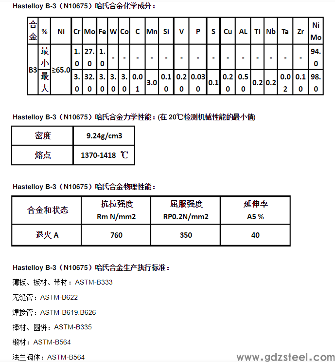 Hastelloy B-3/N10675/B-3镍基合金耐腐蚀性能介绍